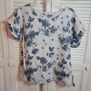 Bellambia Women's Linen Short Sleeve Top Medium Blue Floral Relaxed Lightweight